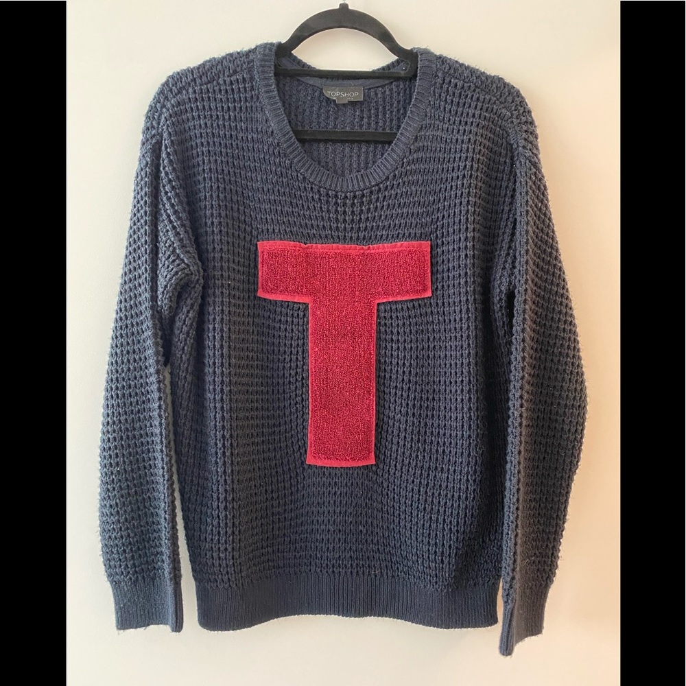 TOPSHOP NAVY SWEATER WITH RED T INITIAL